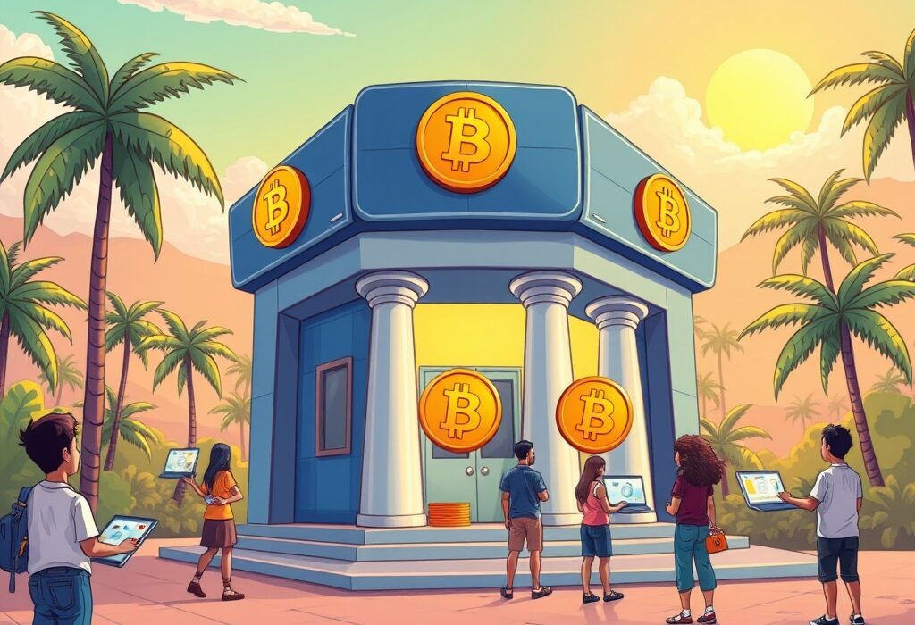 A vibrant cartoon illustrating El Salvador's innovative step towards establishing Bitcoin-only banks, symbolizing a new era of digital asset banking.