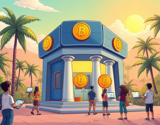 A vibrant cartoon illustrating El Salvador's innovative step towards establishing Bitcoin-only banks, symbolizing a new era of digital asset banking.