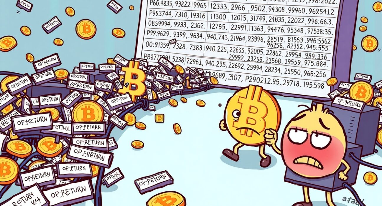 A cartoon illustration showing the Bitcoin network facing congestion due to increased data from Bitcoin OP_RETURN transactions.