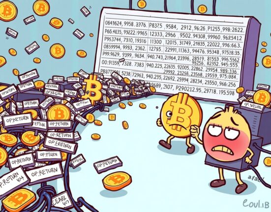 A cartoon illustration showing the Bitcoin network facing congestion due to increased data from Bitcoin OP_RETURN transactions.