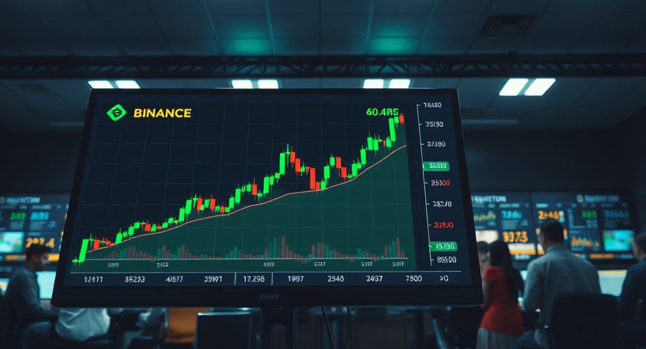 Bitcoin chart on monitor showing rising open interest on Binance futures market