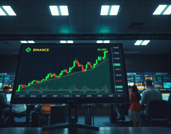 Bitcoin chart on monitor showing rising open interest on Binance futures market
