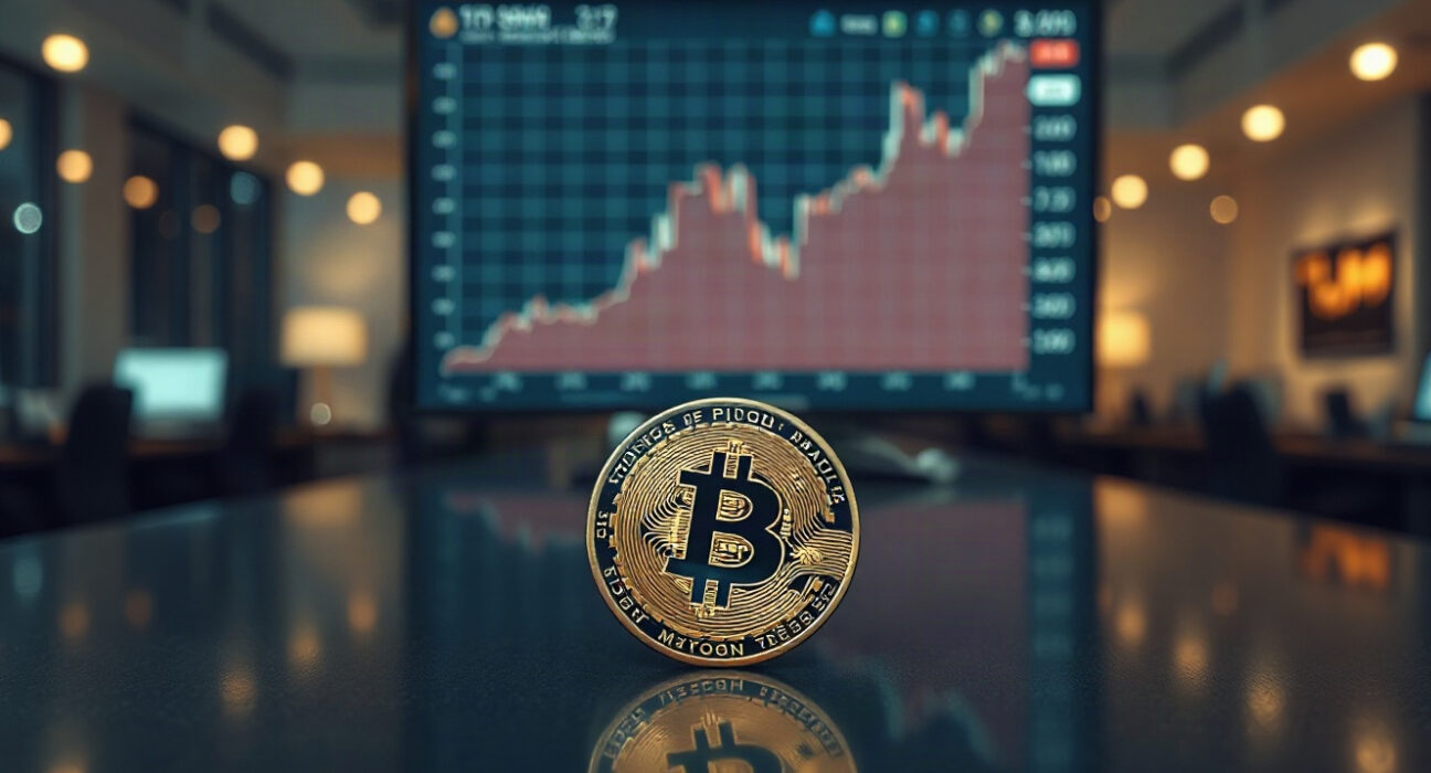 Bitcoin coin with a subtle upward price chart in background, representing spot-driven rally and declining open interest.