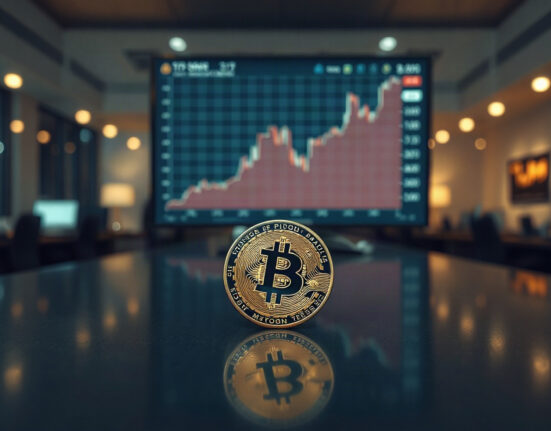 Bitcoin coin with a subtle upward price chart in background, representing spot-driven rally and declining open interest.