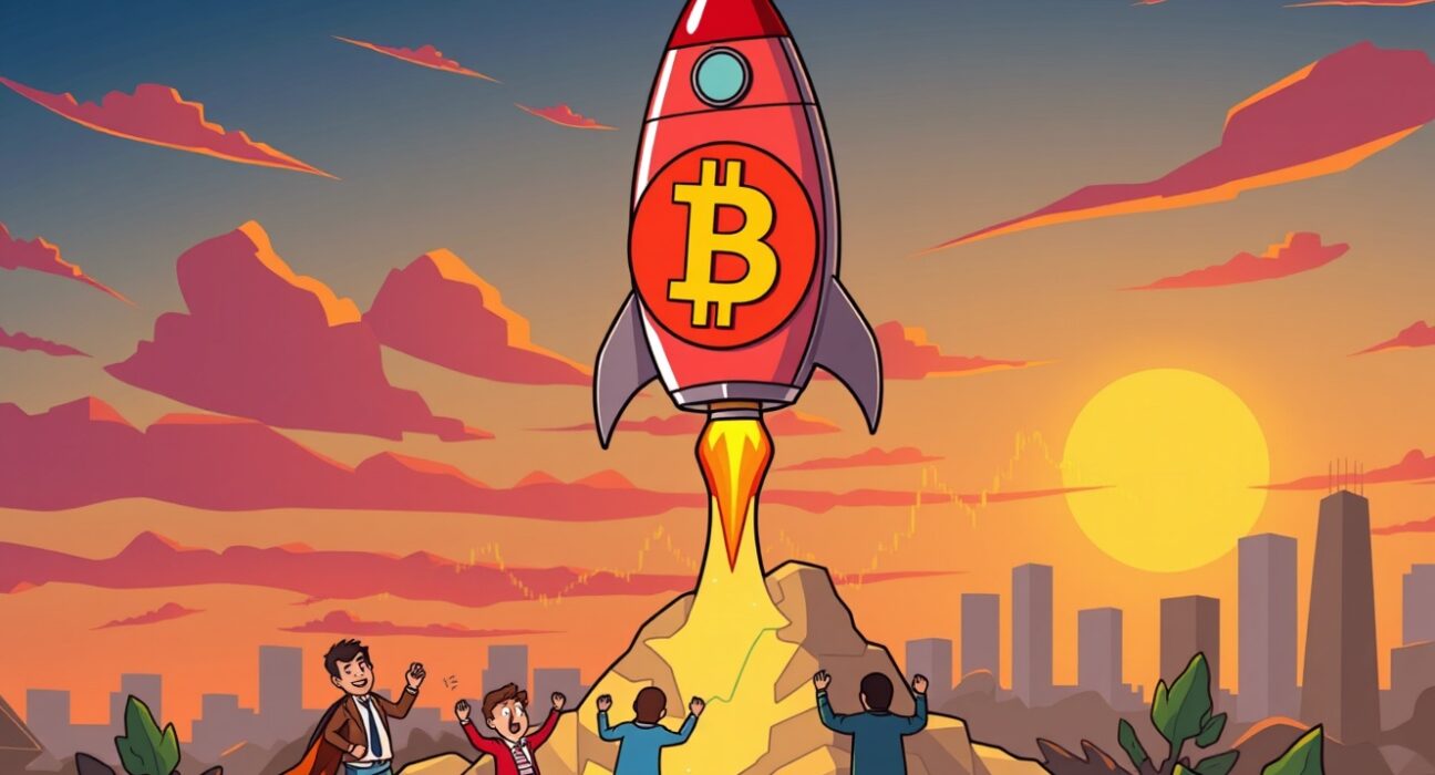 Bitcoin open interest surge depicted as a rocket launch symbolizing bullish market momentum