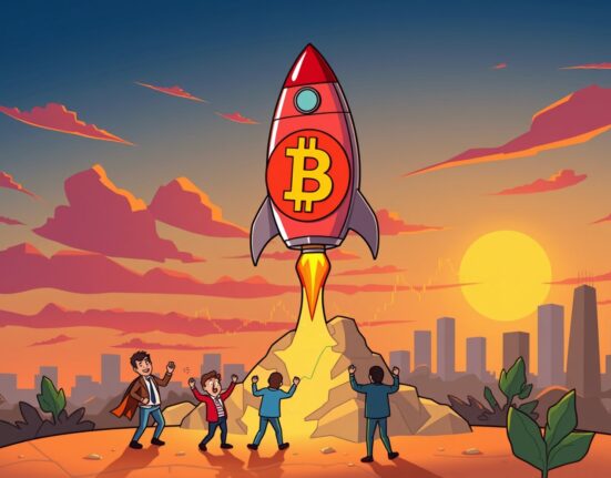Bitcoin open interest surge depicted as a rocket launch symbolizing bullish market momentum