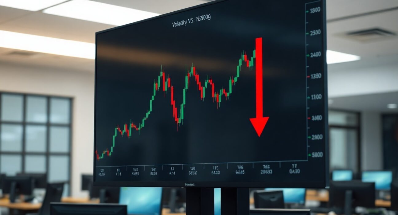 Bitcoin price chart on a trading screen with a red arrow indicating potential liquidation risk