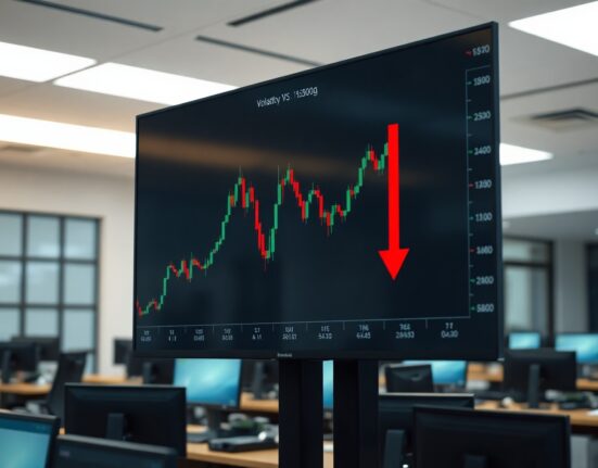 Bitcoin price chart on a trading screen with a red arrow indicating potential liquidation risk