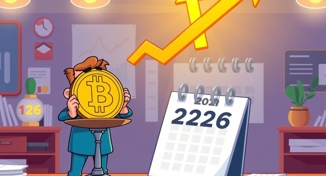 A cartoon investor sees a Bitcoin opportunity for 2026 growth despite current market scales.