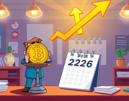 A cartoon investor sees a Bitcoin opportunity for 2026 growth despite current market scales.