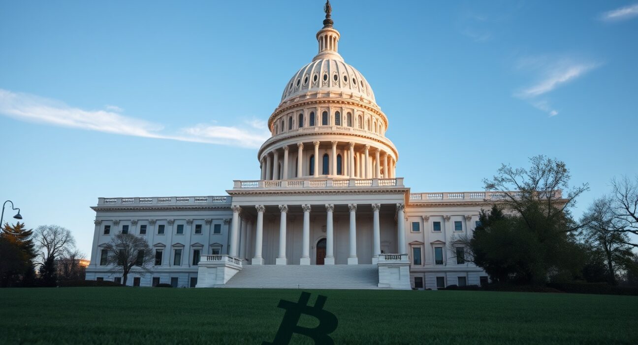 U.S. Capitol building with a Bitcoin symbol in the foreground, representing crypto regulation progress.