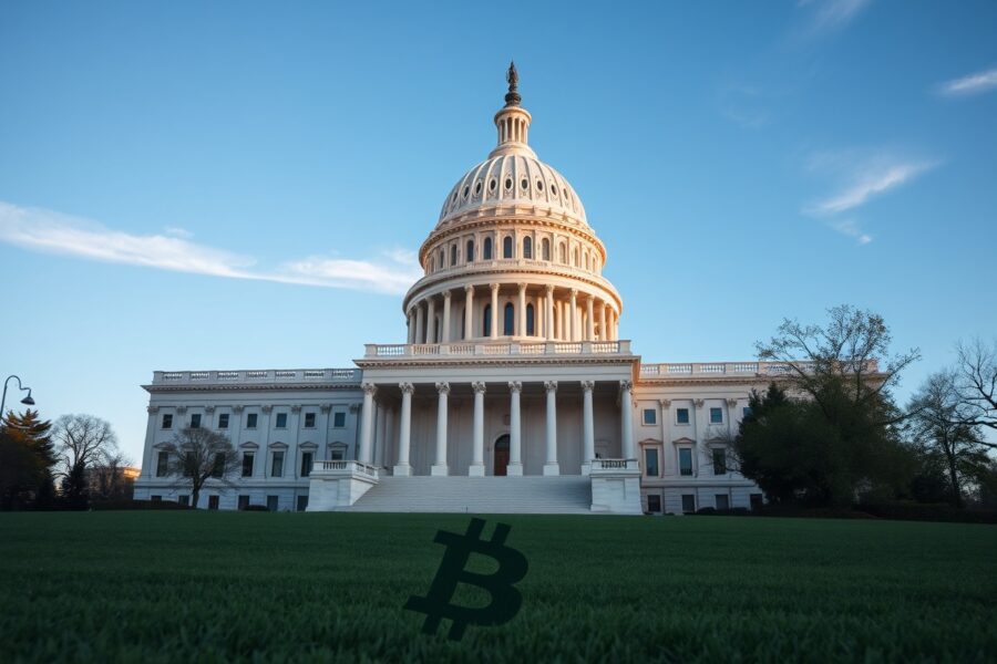 U.S. Capitol building with a Bitcoin symbol in the foreground, representing crypto regulation progress.
