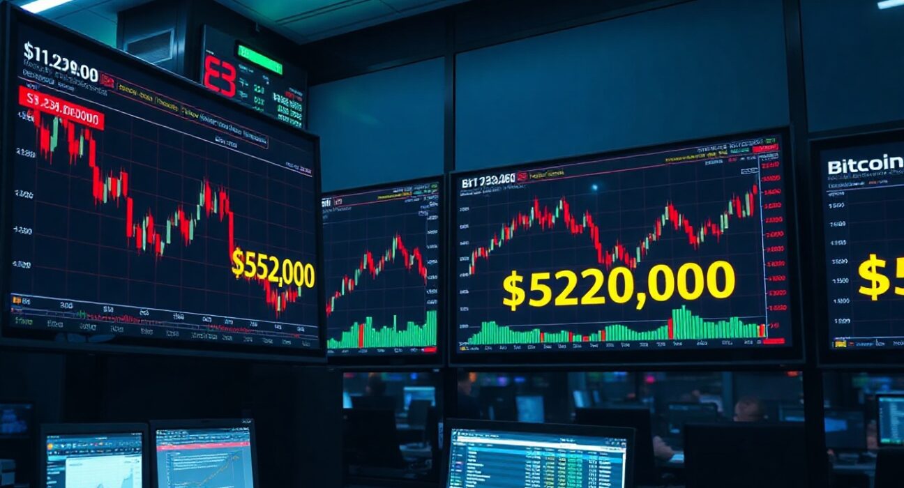 Bitcoin price charts on trading monitors showing bearish options data and $52K target level
