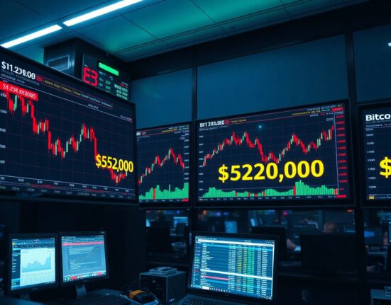 Bitcoin price charts on trading monitors showing bearish options data and $52K target level