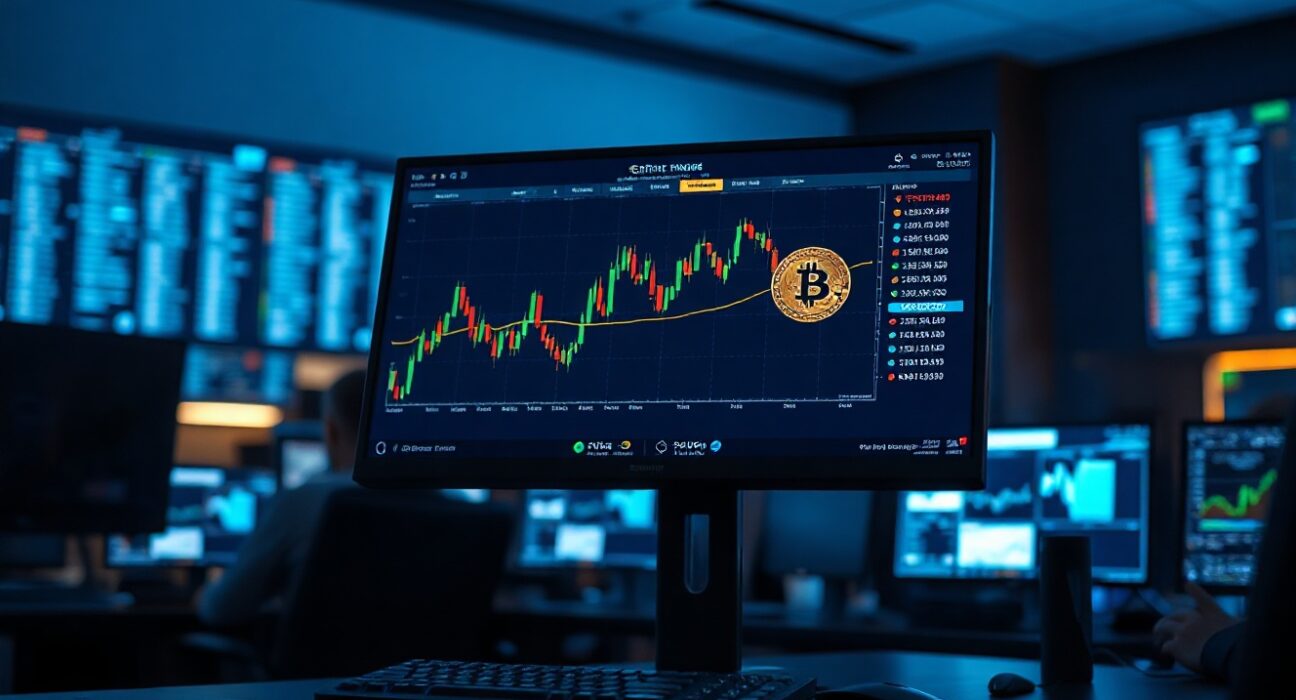 Bitcoin and Ethereum price charts on a trading monitor in a dimly lit trading floor