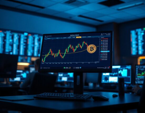 Bitcoin and Ethereum price charts on a trading monitor in a dimly lit trading floor