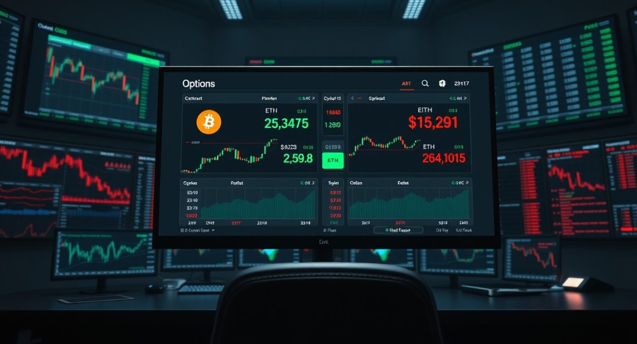 Trading screen showing Bitcoin and Ethereum options expiry data on Deribit exchange