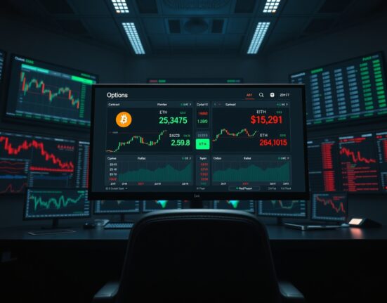 Trading screen showing Bitcoin and Ethereum options expiry data on Deribit exchange