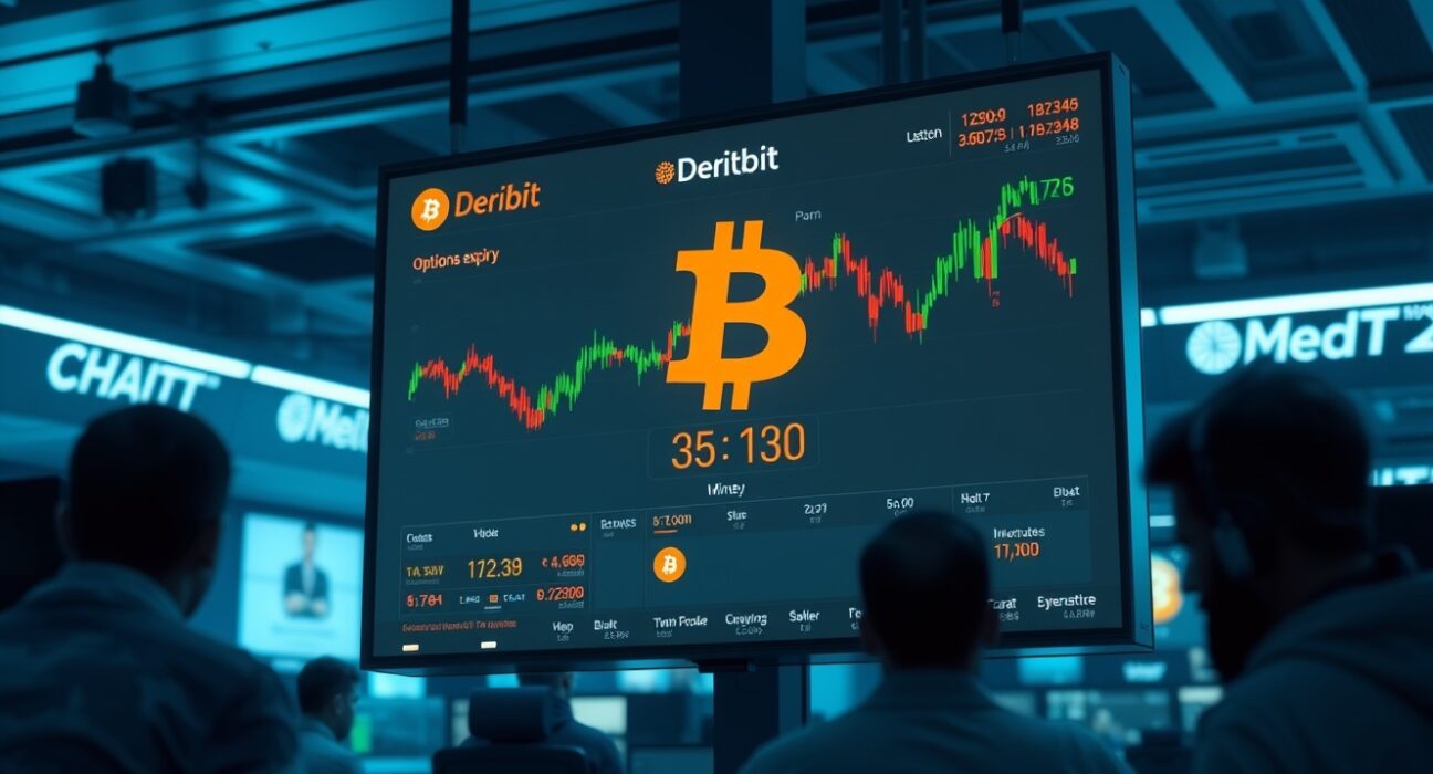 Digital screen showing Bitcoin options chain on Deribit trading platform moments before expiry