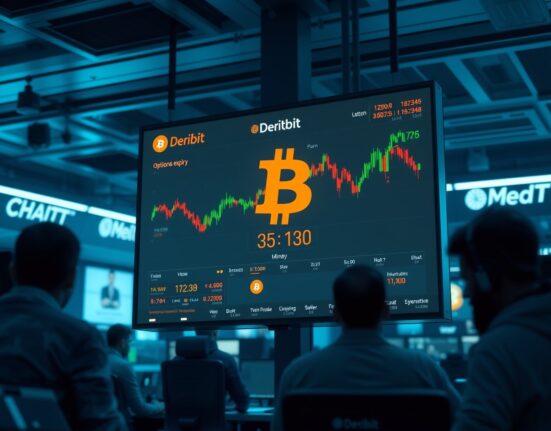 Digital screen showing Bitcoin options chain on Deribit trading platform moments before expiry