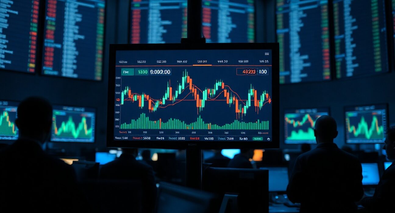 Live Bitcoin options trading dashboard showing expiry countdown and price charts on a trading floor