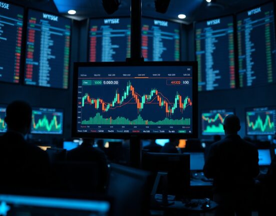 Live Bitcoin options trading dashboard showing expiry countdown and price charts on a trading floor