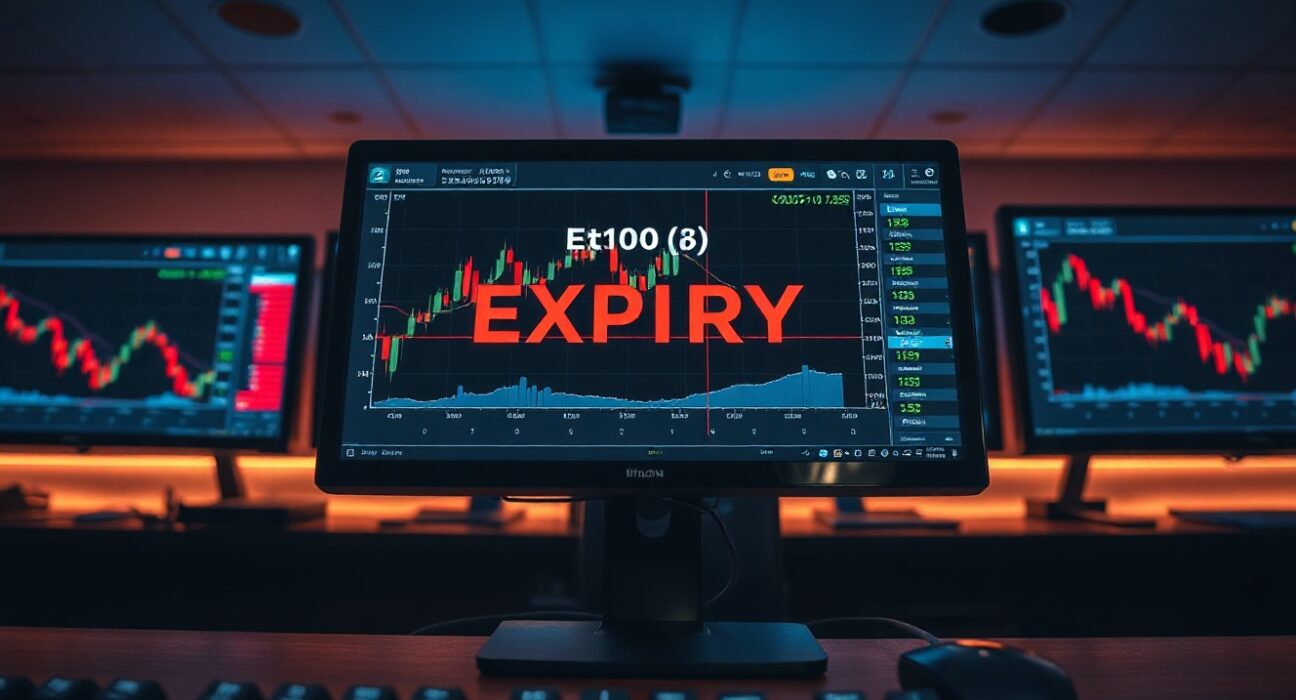 Trading desk monitors showing Bitcoin price chart and options expiry data
