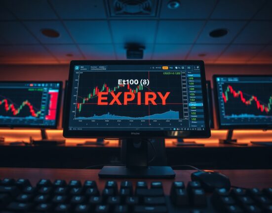 Trading desk monitors showing Bitcoin price chart and options expiry data
