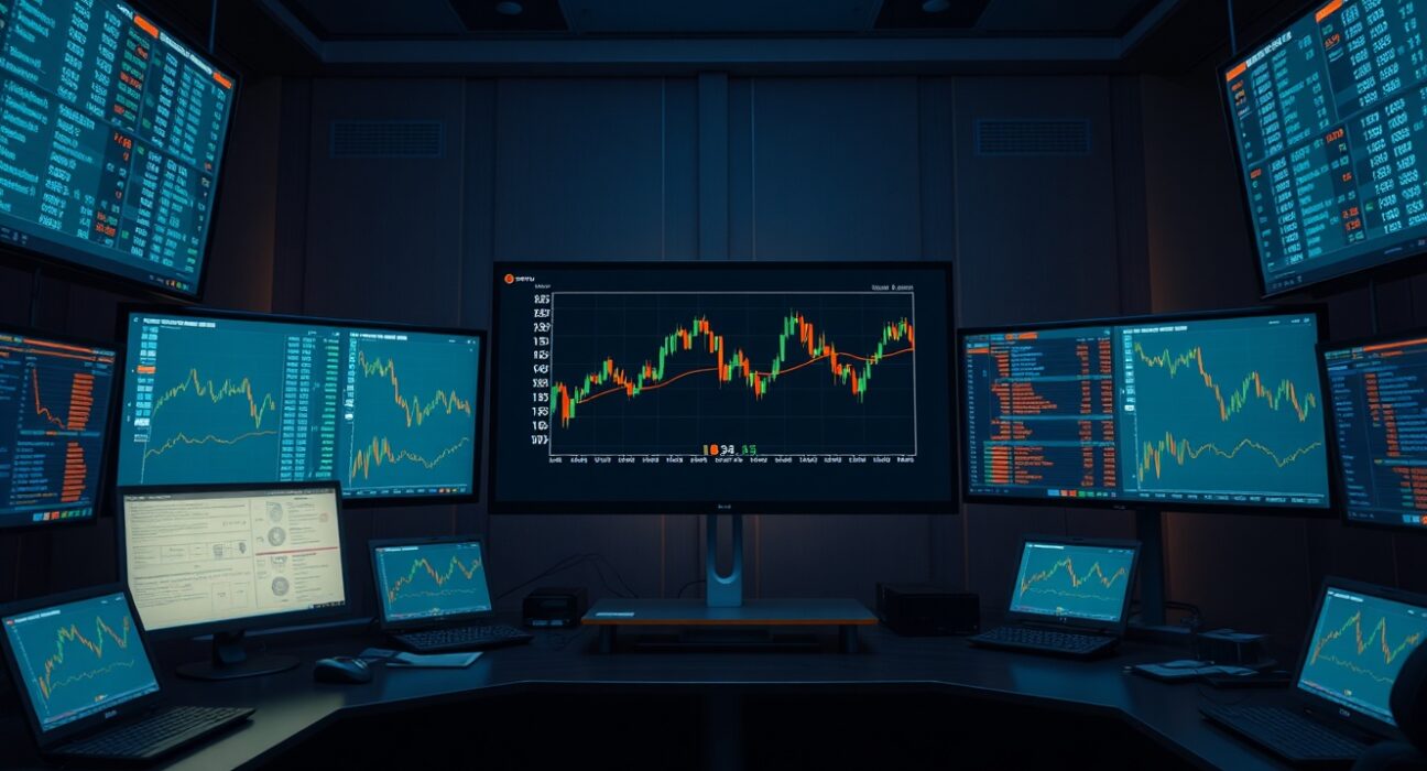 Professional trading desk with Bitcoin price charts and options expiration data on multiple monitors