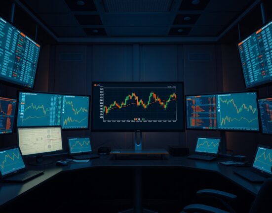 Professional trading desk with Bitcoin price charts and options expiration data on multiple monitors