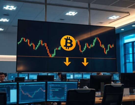Digital trading screen showing Bitcoin options expiry chart with bearish indicators