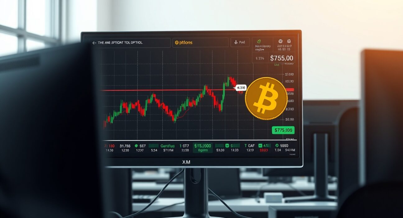 Professional analysis of Bitcoin options market data showing volatility indicators at the $75,000 price level.