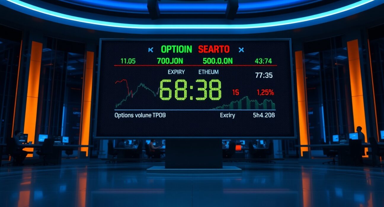 Digital display board showing Bitcoin and Ethereum options expiry data on a trading floor