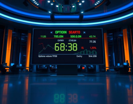 Digital display board showing Bitcoin and Ethereum options expiry data on a trading floor