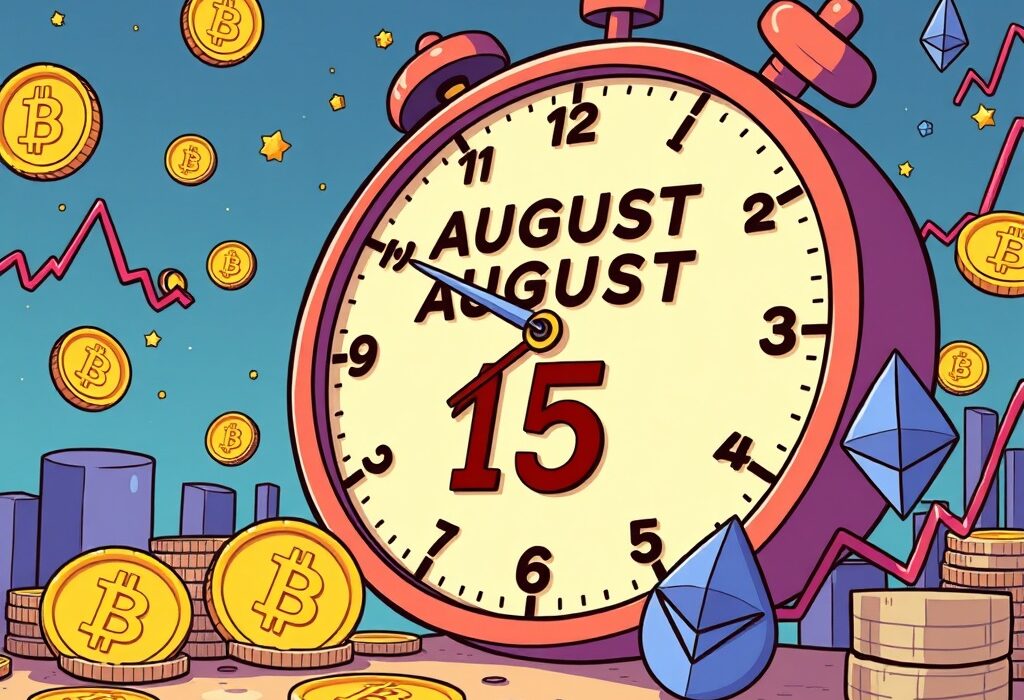 A vibrant cartoon illustrating the significant Bitcoin options expiration approaching on August 15, with crypto symbols and a countdown.