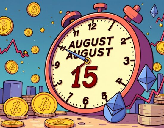 A vibrant cartoon illustrating the significant Bitcoin options expiration approaching on August 15, with crypto symbols and a countdown.