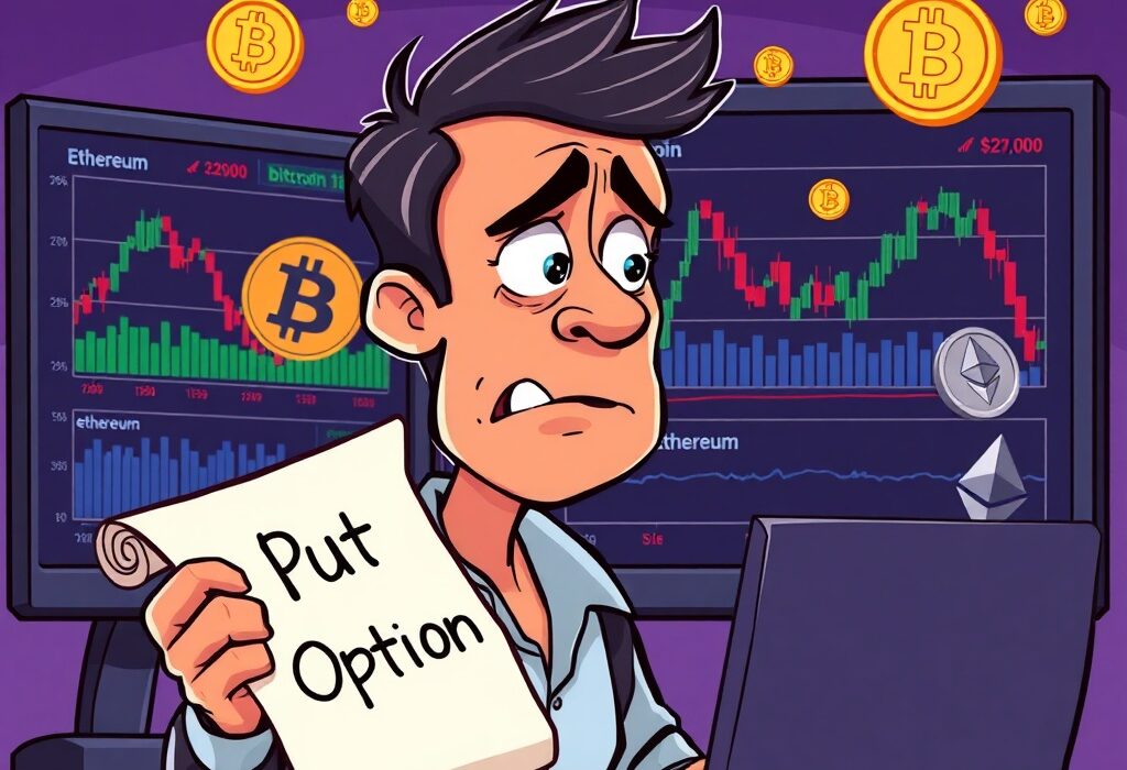 A cartoon illustration showing a trader hedging with Bitcoin options, reflecting bearish market sentiment for August expiry.