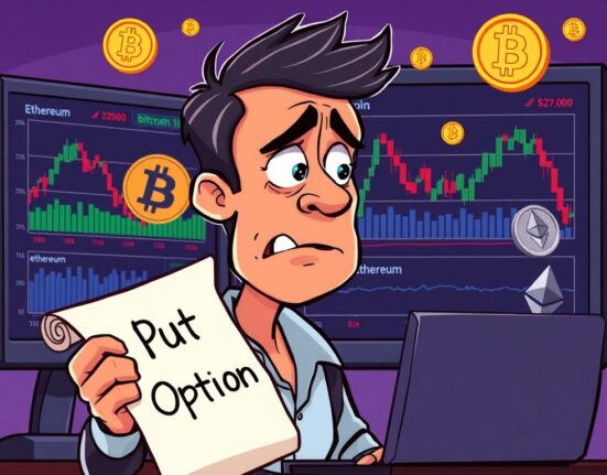 A cartoon illustration showing a trader hedging with Bitcoin options, reflecting bearish market sentiment for August expiry.