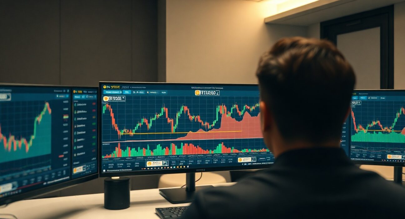 Trader monitoring Bitcoin options positions on multiple screens with $70,000 price level highlighted