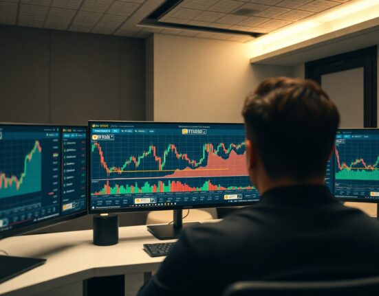 Trader monitoring Bitcoin options positions on multiple screens with $70,000 price level highlighted