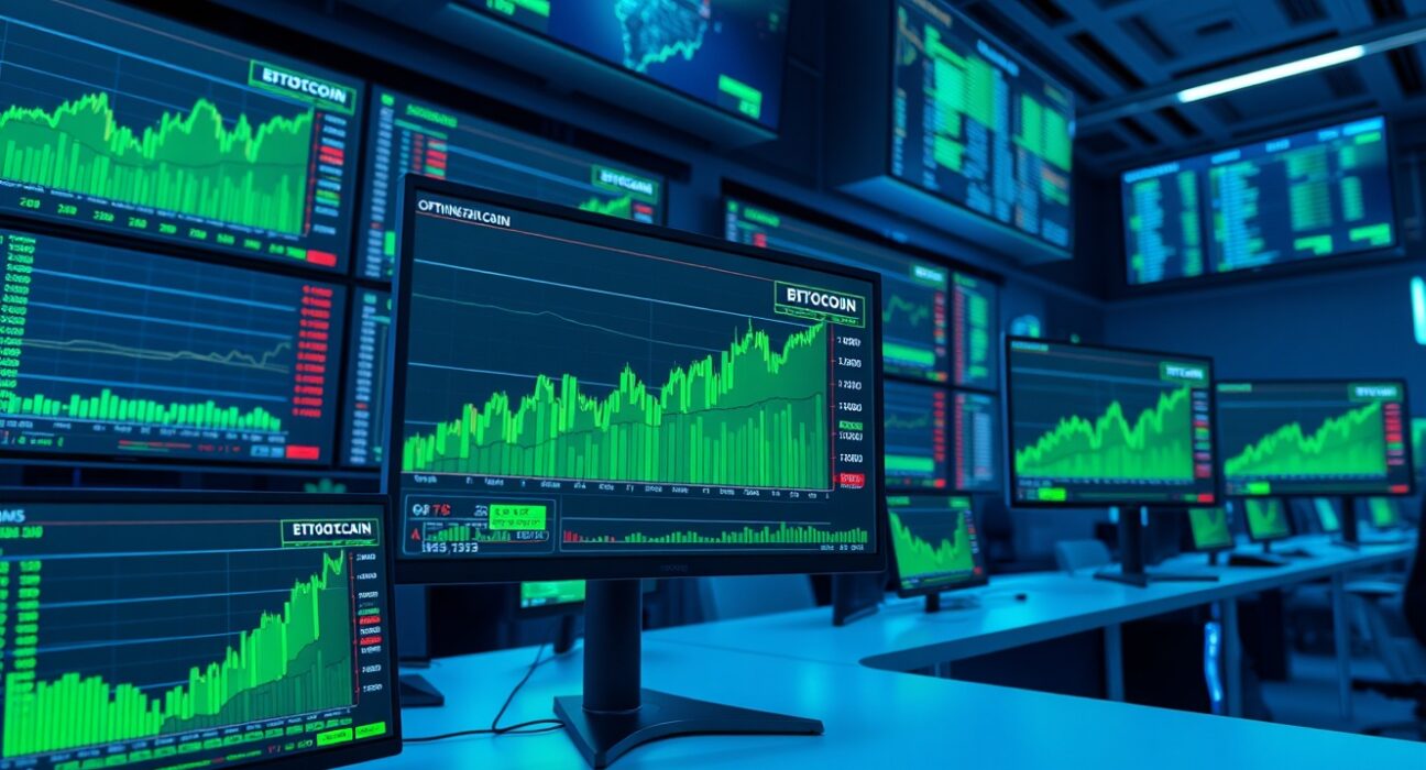 Bitcoin options data on monitors showing $70K and $72K strike price clusters