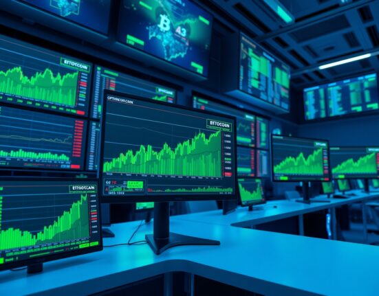 Bitcoin options data on monitors showing $70K and $72K strike price clusters