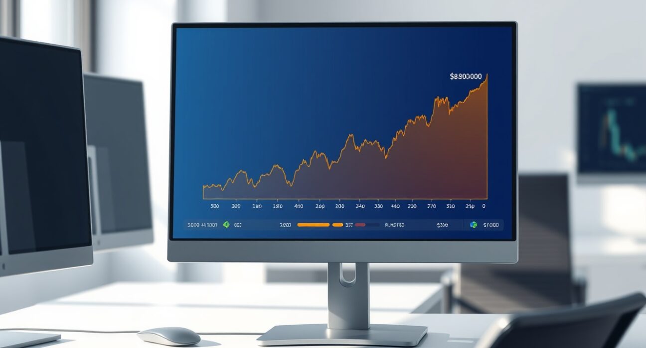 Professional trading desk monitor showing Bitcoin price chart approaching the $80,000 target level for options traders.