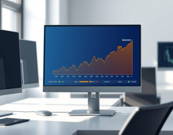 Professional trading desk monitor showing Bitcoin price chart approaching the $80,000 target level for options traders.