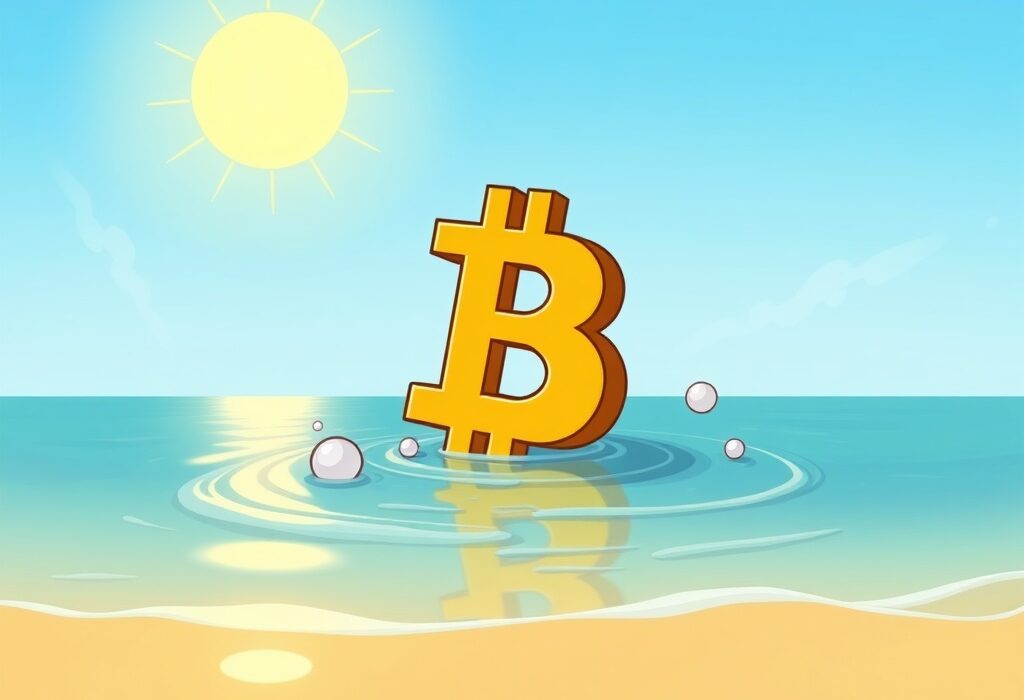 Cartoon showing a calm Bitcoin options market, reflecting reduced volatility and fading hedging demand.