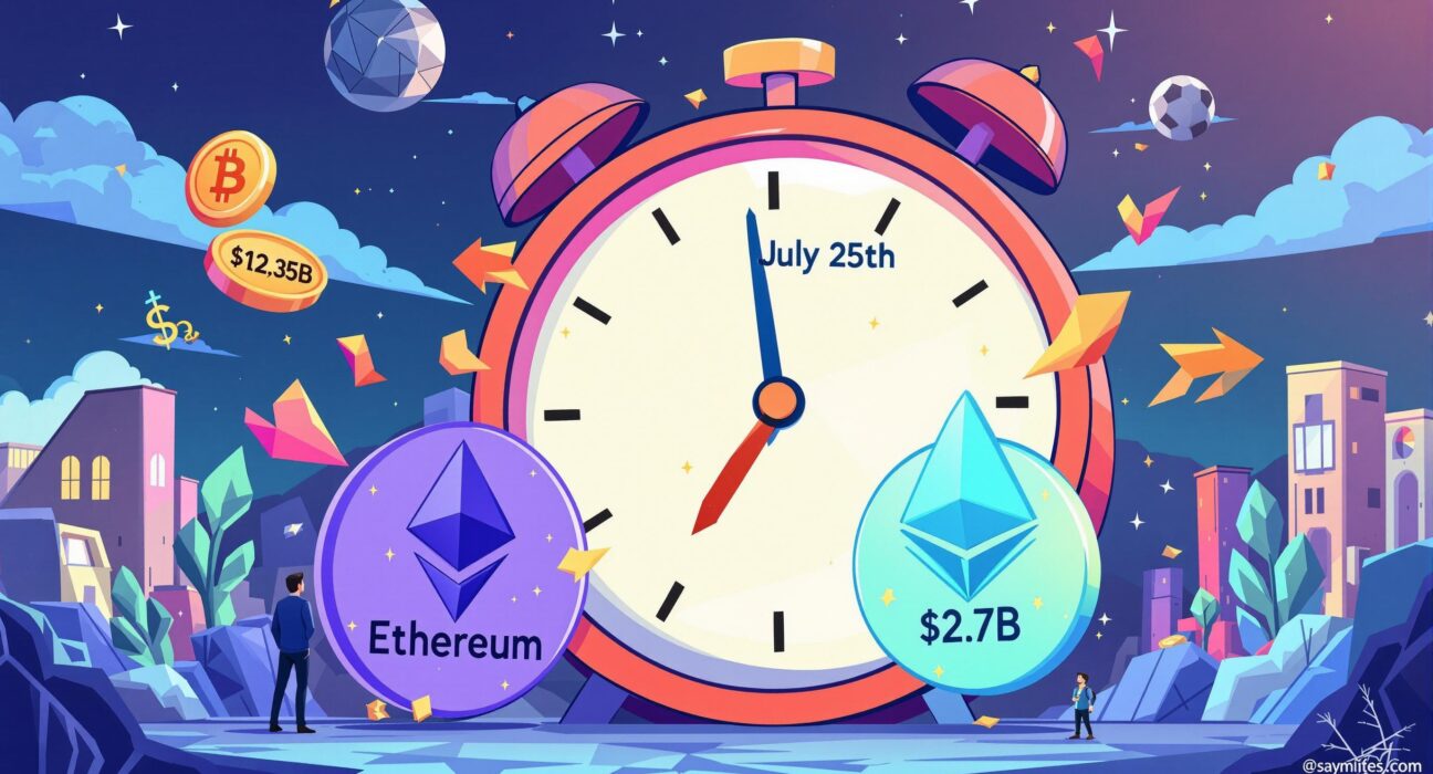 A vibrant cartoon illustrating the significant Bitcoin options expiration event on July 25th, highlighting potential market shifts related to Bitcoin options.
