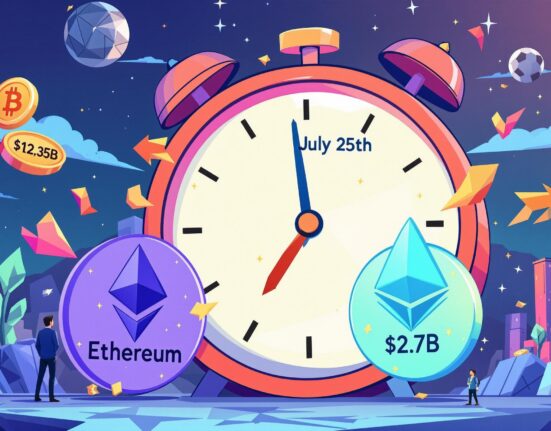 A vibrant cartoon illustrating the significant Bitcoin options expiration event on July 25th, highlighting potential market shifts related to Bitcoin options.