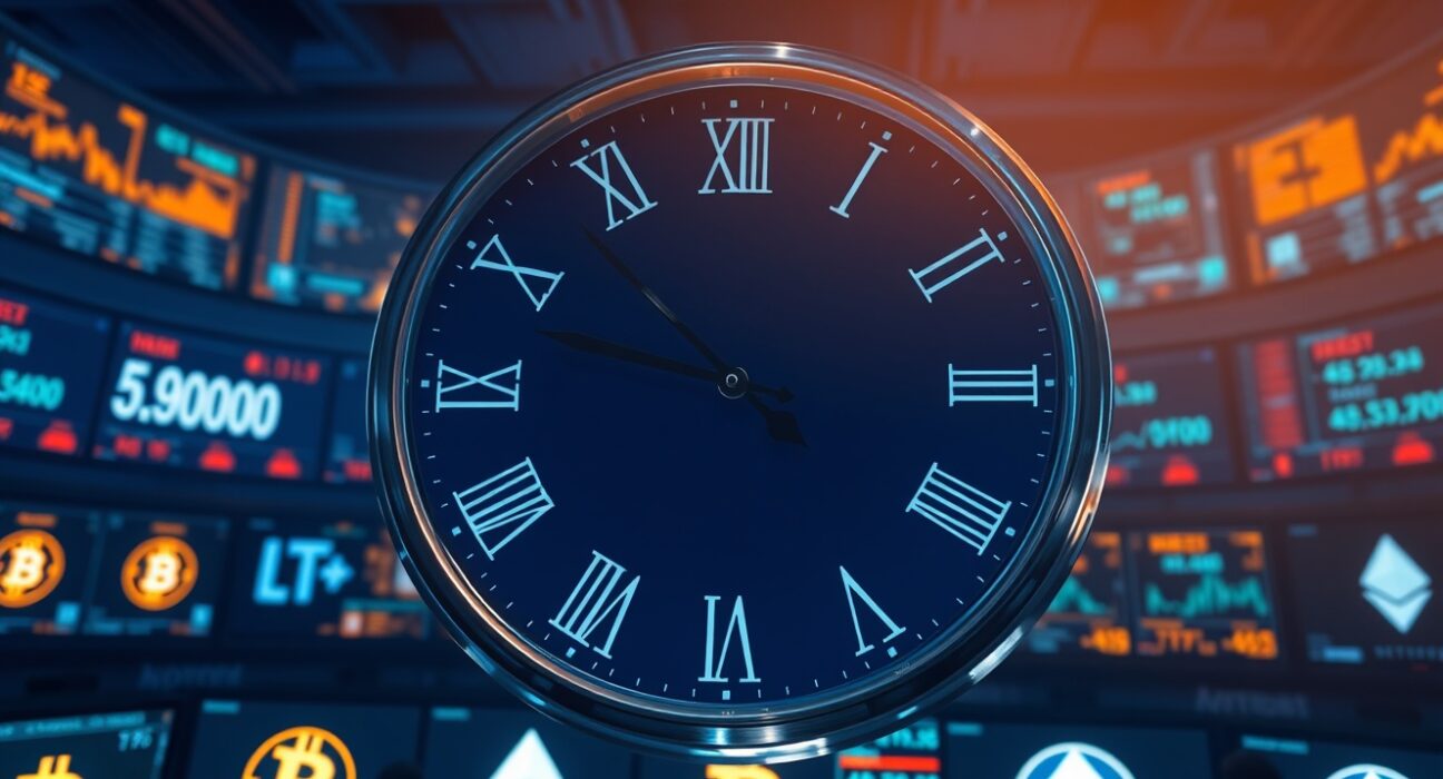 Bitcoin options expiration: A large clock at 8 AM over glowing Bitcoin and Ethereum symbols on a dark trading floor