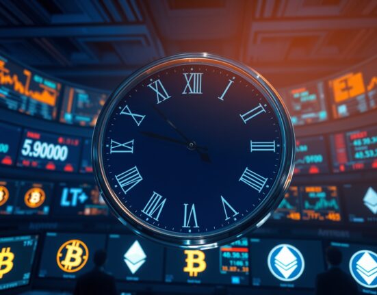 Bitcoin options expiration: A large clock at 8 AM over glowing Bitcoin and Ethereum symbols on a dark trading floor