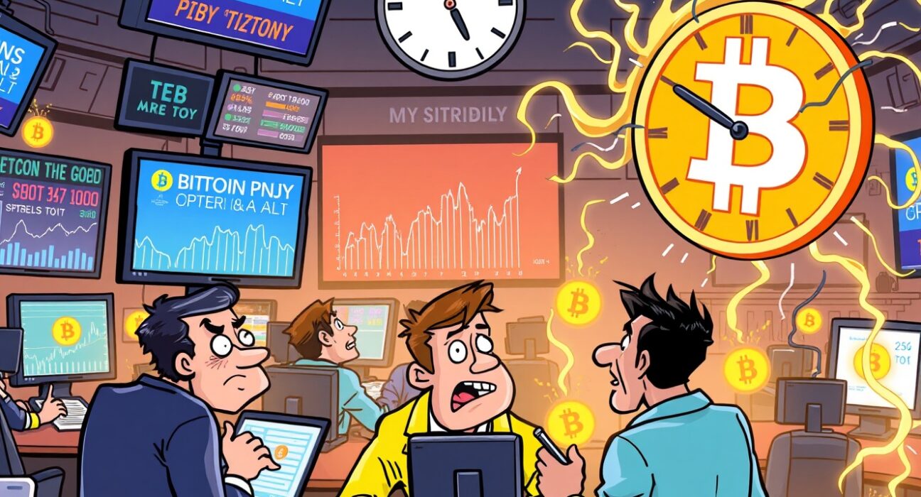 A cartoon illustration showing the significant impact of Bitcoin options expiration on the cryptocurrency market, with traders reacting to charts.